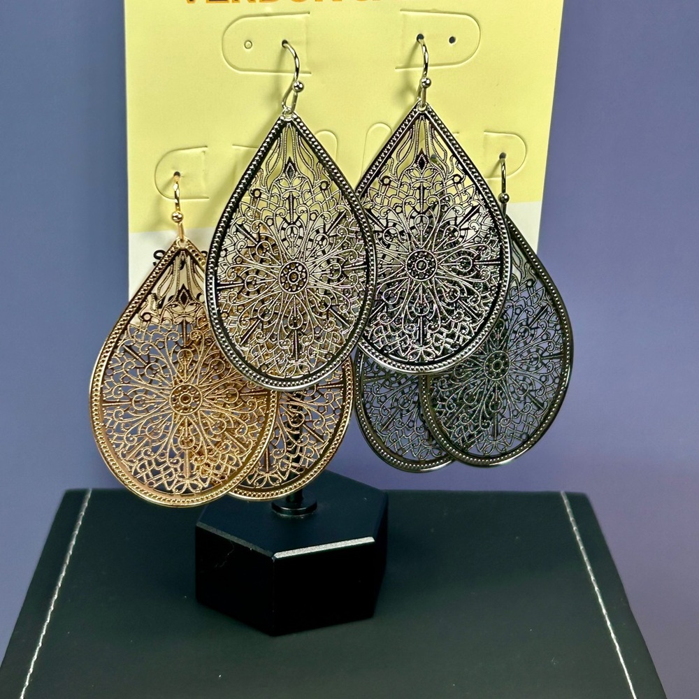 Boho Set Of 3 - Lightweight Bundle Teardrop Filigree Trio Earrings